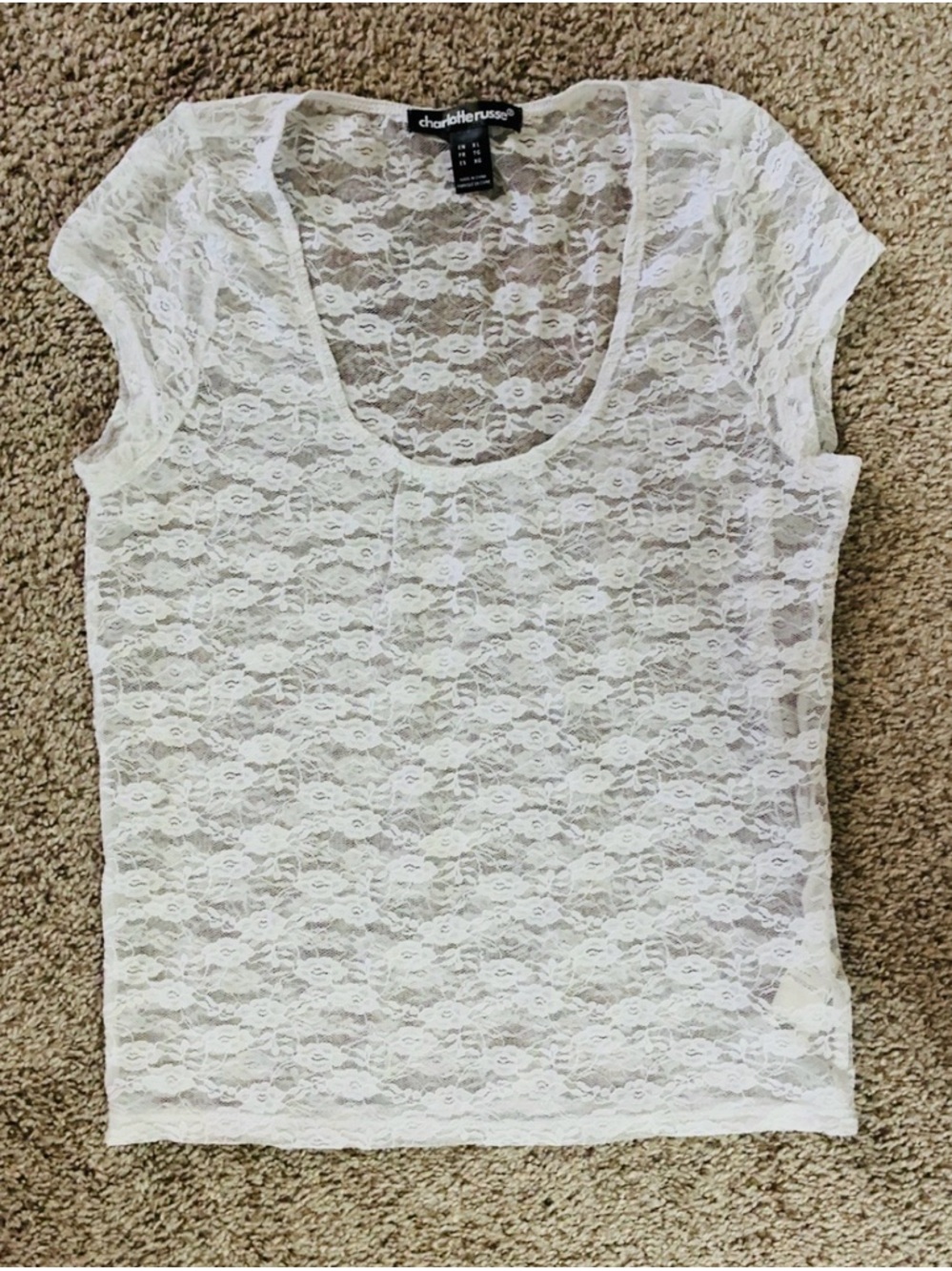 Charlotte Russe White Sheer Lace Scoop Neck Short Sleeve Top